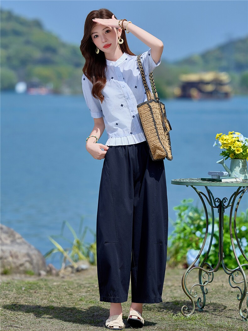 2026年夏季新款刺绣小立领衬衫阔腿裤两件套套装女,女装套装/套裙,依路服饰