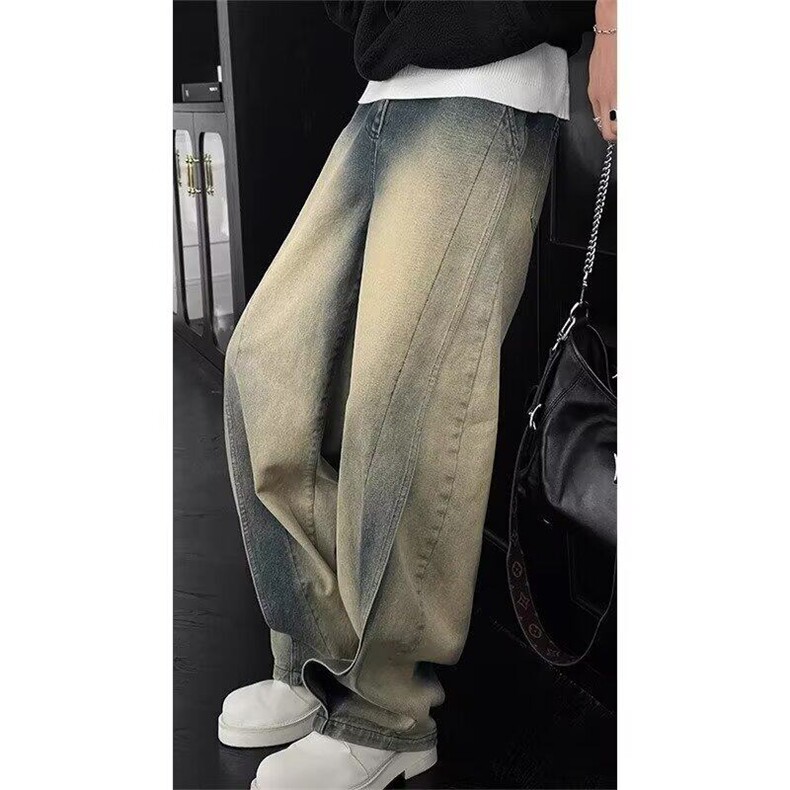 美式高街春秋季重磅牛仔裤小众设计感弯刀裤复古水洗做旧宽松直筒，女装牛仔裤，星座506A