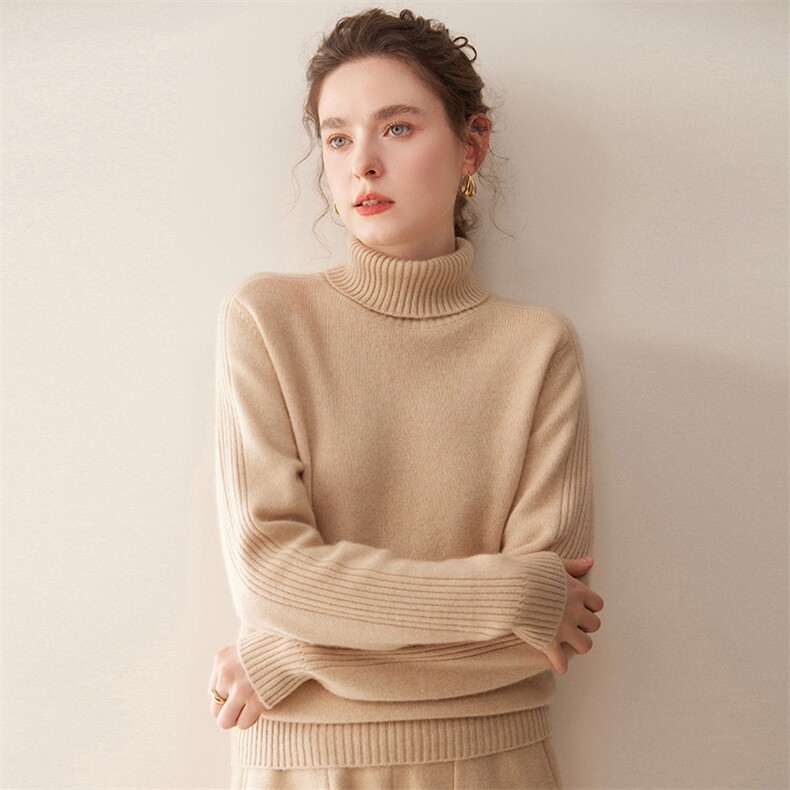 2025秋冬百搭时尚简约厚款高翻领马鞍肩羊绒衫，女装羊绒衫，珍丝贝尔