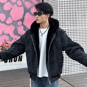 现货高品质美式冬季重磅座山雕大毛毛领pu皮棉衣男女加厚外套图片