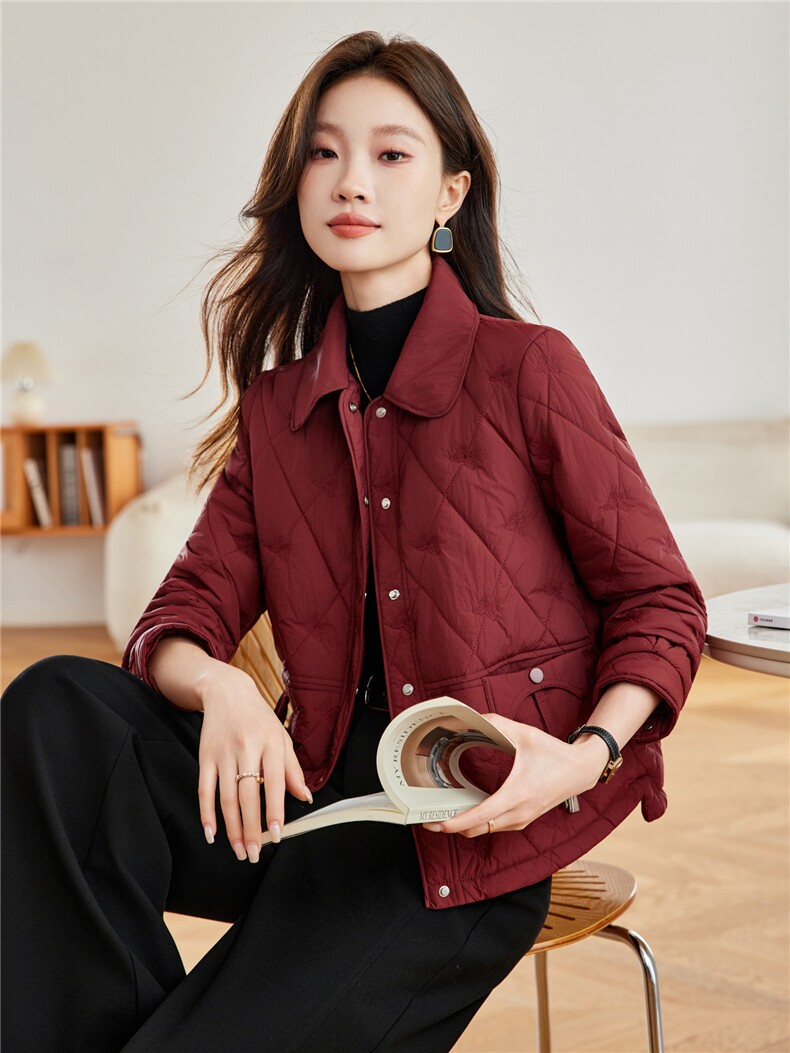 菱格羽绒棉服女2025秋冬新款独特超好看短款洋气轻薄红色夹棉外套,女装棉衣/棉服,木子恋