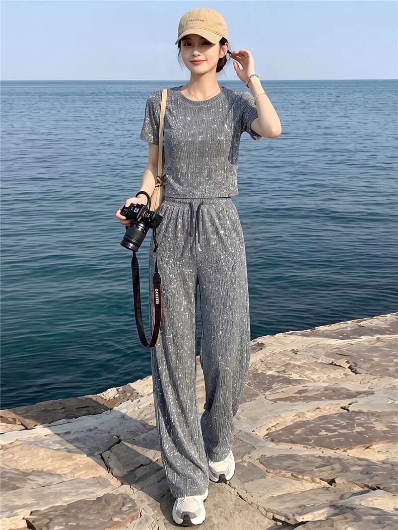 时髦洋气亮闪闪重工阔腿裤套装女夏季慵懒风修身显瘦短袖两件套潮,女装套装/套裙,江南
