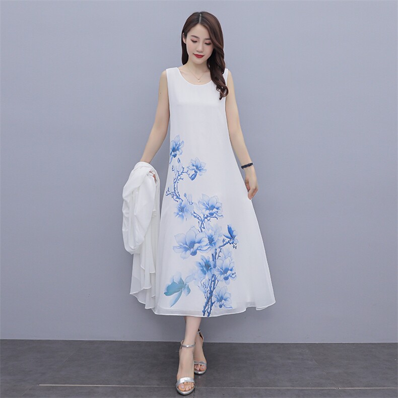 广东十三行连衣裙女大码胖mm显瘦春夏中年妈妈雪纺印花裙图片