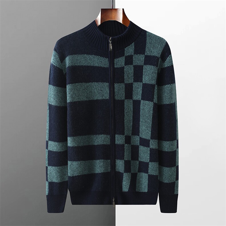 时尚男士秋冬新款格子拉链针织羊毛开衫长袖毛衣，男装羊毛衫，江杉羊绒