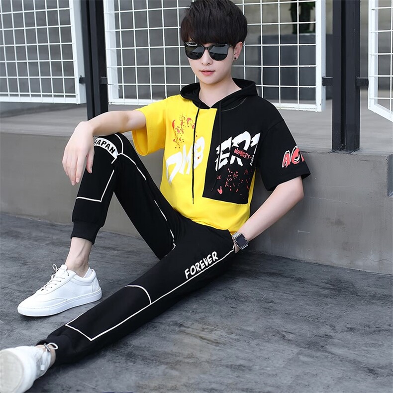 夏季新款套装男青少年休闲连帽T恤长裤套装DS-A158货T145,男装休闲套装,星座310B-3