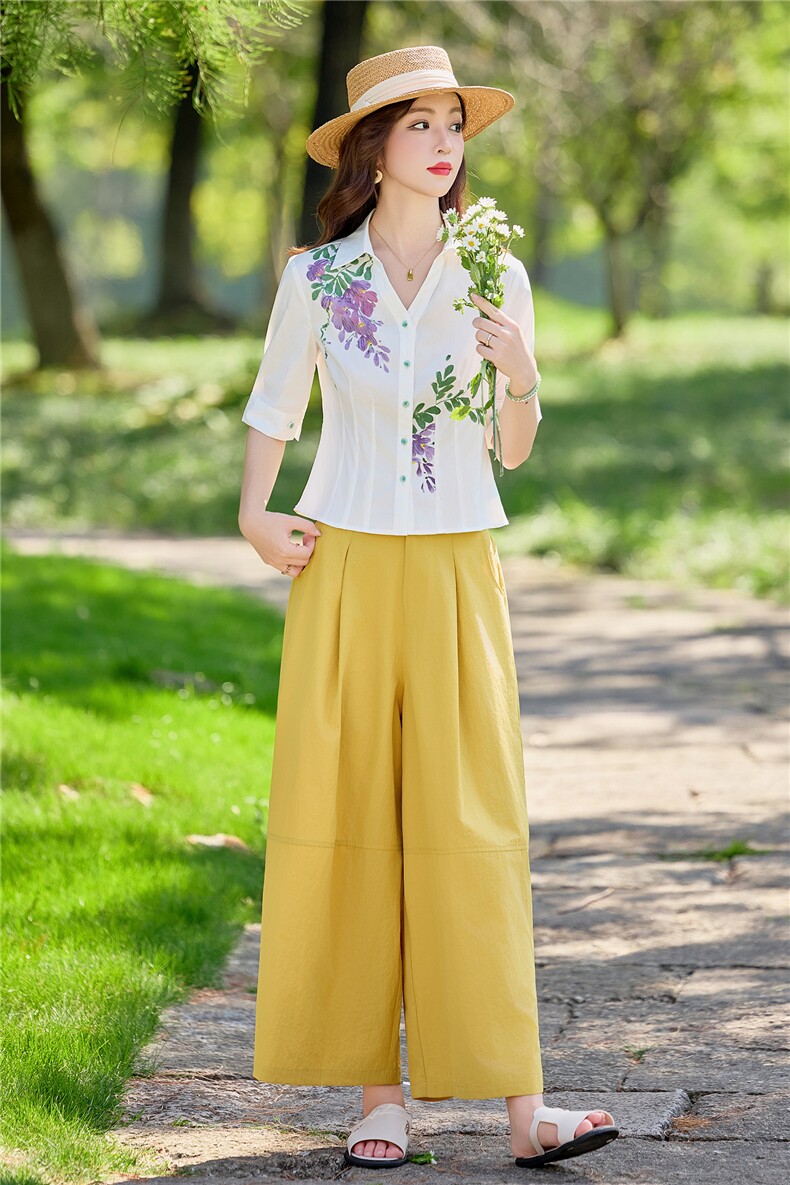 轻熟风时尚小翻领衬衫套装女2026夏气质绣花上衣阔腿裤两件套,女装套装/套裙,水衣源