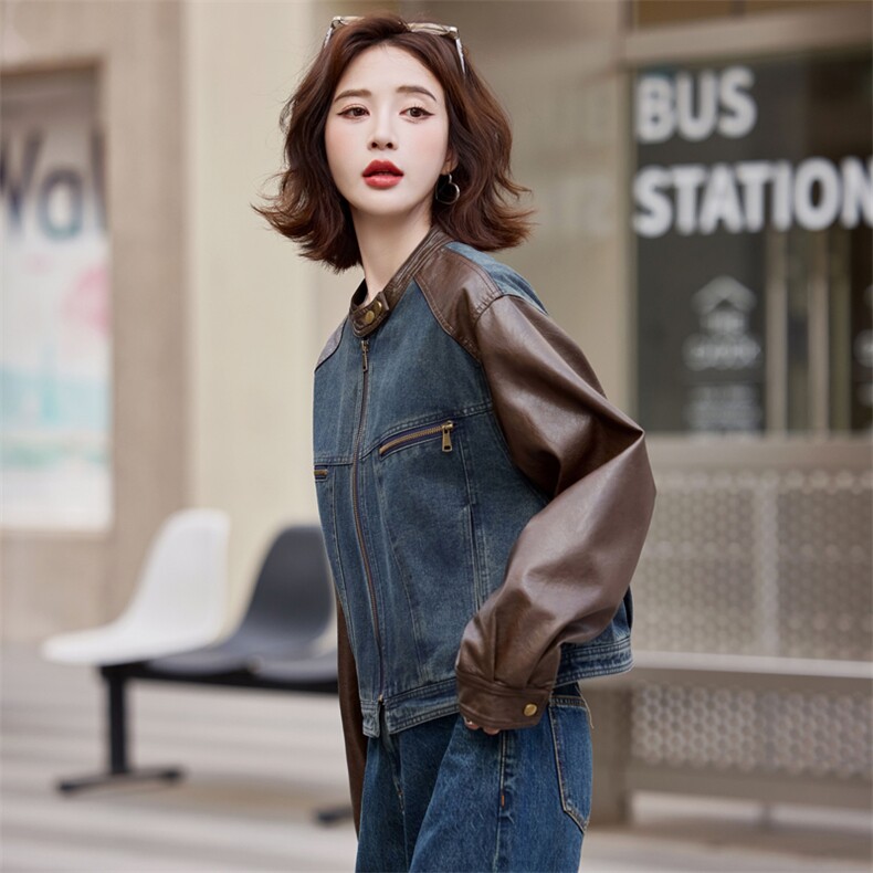 美式复古棕色皮衣拼接牛仔外套女春秋季2024新款休闲短款夹克上衣,女装皮衣,莜菲儿