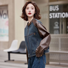 美式复古棕色皮衣拼接牛仔外套女春秋季2024新款休闲短款夹克上衣，女装皮衣，莜菲儿
