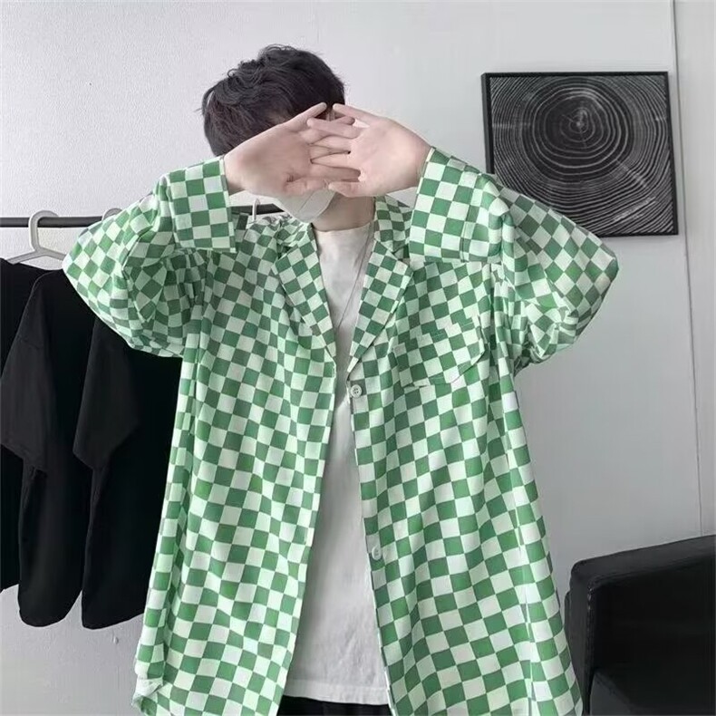 棋盘格小众大码衬衫男潮牌2025秋季胖子男士长袖格子衬衣外套衣服,男装衬衫,星座1210-1