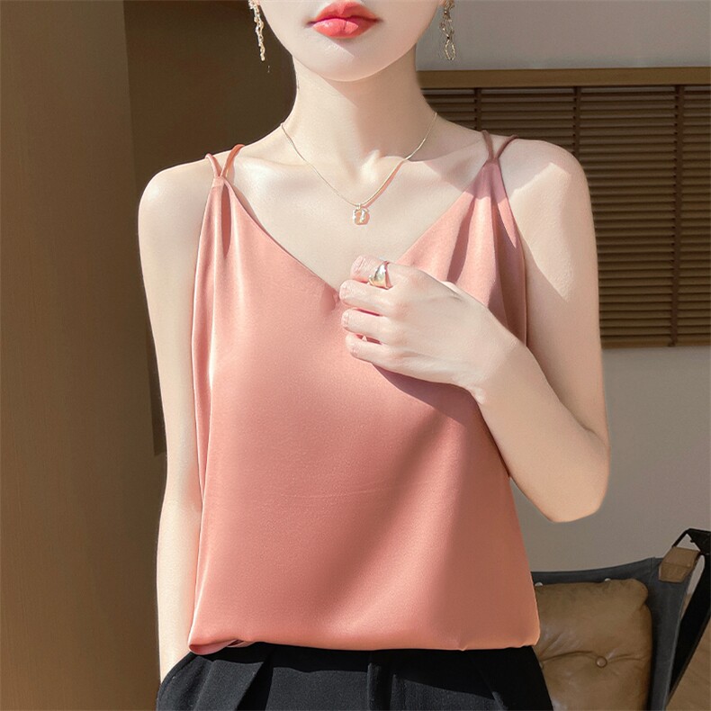 真丝吊带背心女v领桑蚕丝西服内搭春夏季新款性感醋酸缎面打底衫,女装背心吊带,羊特美羊绒