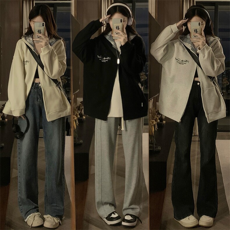 格子拼接连帽卫衣女春秋oversize薄款外套宽松拉链开衫C810-P100,女装短外套,星座911-2(原星座613-2）