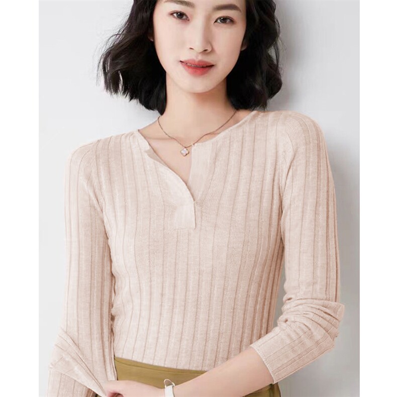 2025春夏微透超薄修身显瘦半开领精纺羊毛衫女针织打底衫套头上衣,女装羊毛衫,唯若美羊绒