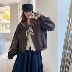 咖色复古高级感短款PU皮衣外套女2025秋季小个子时尚休闲圆领夹克，女装短外套，2C201