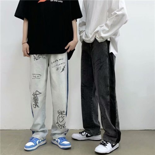 牛仔裤男港风字母印花2021夏季新款ins宽松直筒休闲裤潮K430-P45图片