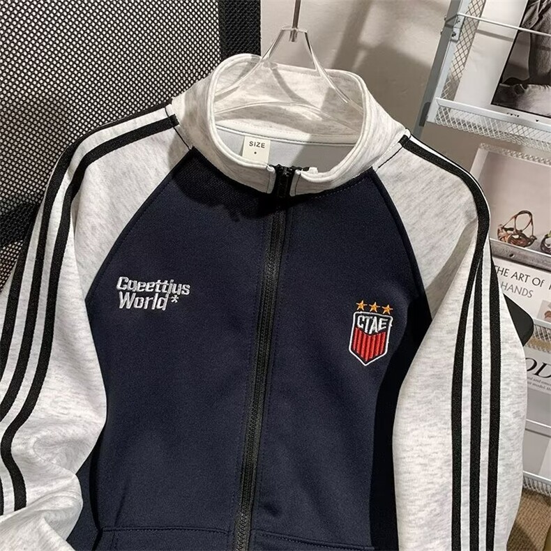 美式三条杠运动卫衣男秋潮撞色外套复古开衫棒球服上衣WY103P46,女装短外套,星座1013-5