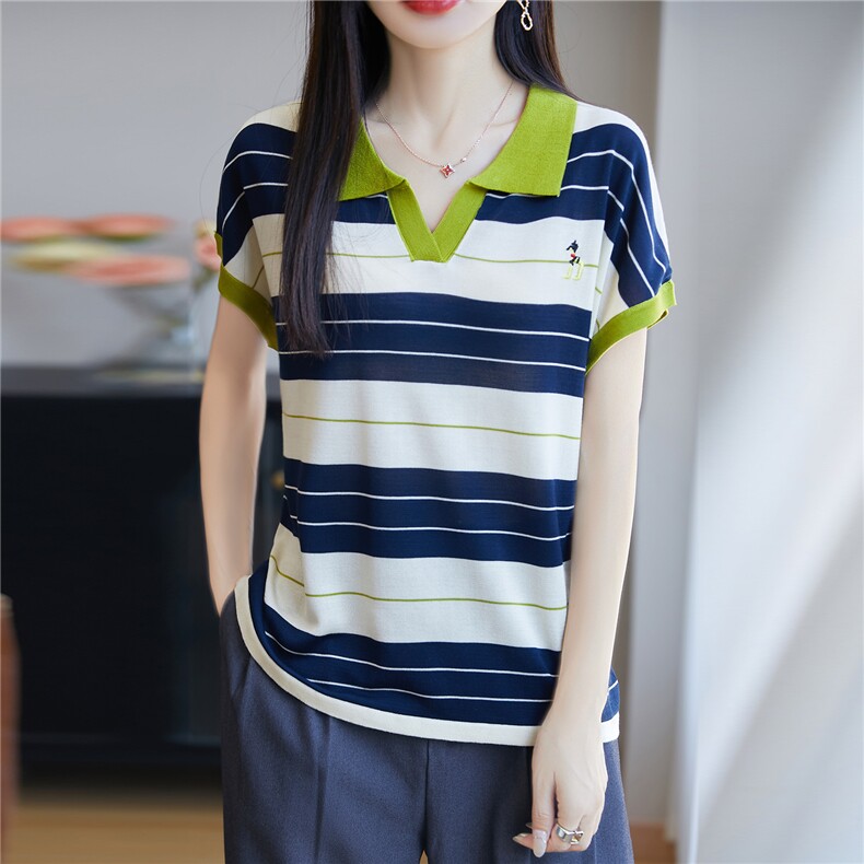 2025夏新款撞色条纹polo领针织冰丝小飞袖上衣女洋气短袖t恤小衫,针织衫/毛衣,唐诺