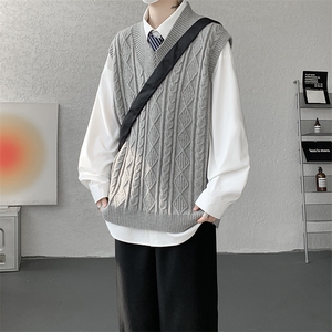 韩系叠穿复古麻花针织衫马甲男学院风早秋穿搭上衣服背心9097P58图片