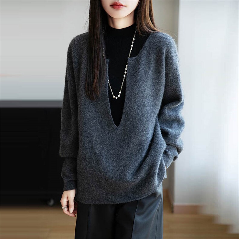 法式设计感酒红灰色v领纯羊毛针织毛衣女25新款宽松保暖长袖上衣,女装羊毛衫,越洋羊