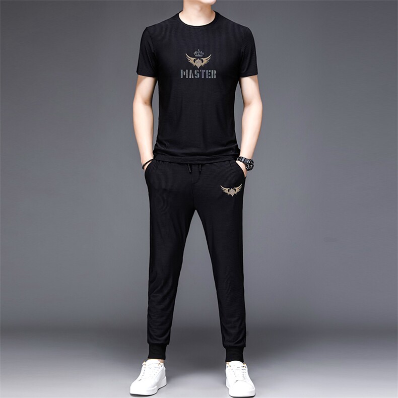 夏季新款休闲运动套装男短袖T恤中年夏装冰感衣服中老年装两件套,男装休闲套装,电商B212（原钱塘6029）