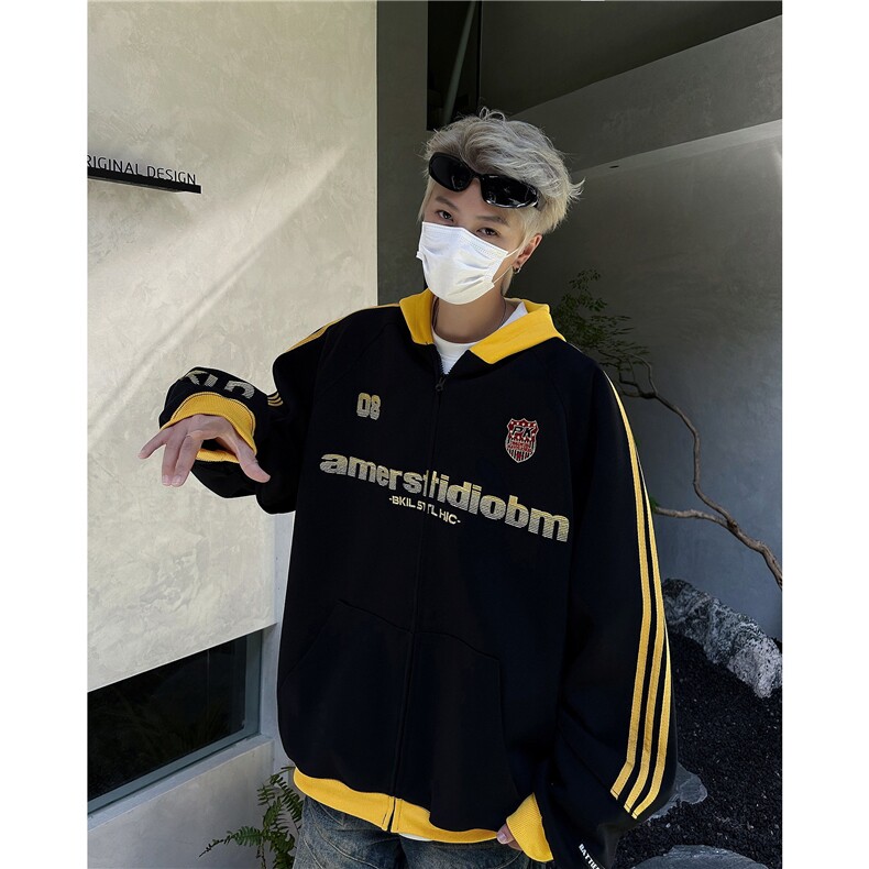 美式复古三条杠织带撞色拉链连帽卫衣男女秋季潮牌情侣开衫Y746图片