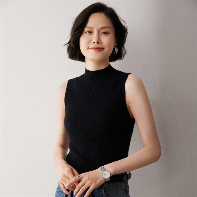 秋冬新款洋气时尚百搭显瘦女款一线成衣半高领无袖衫图片