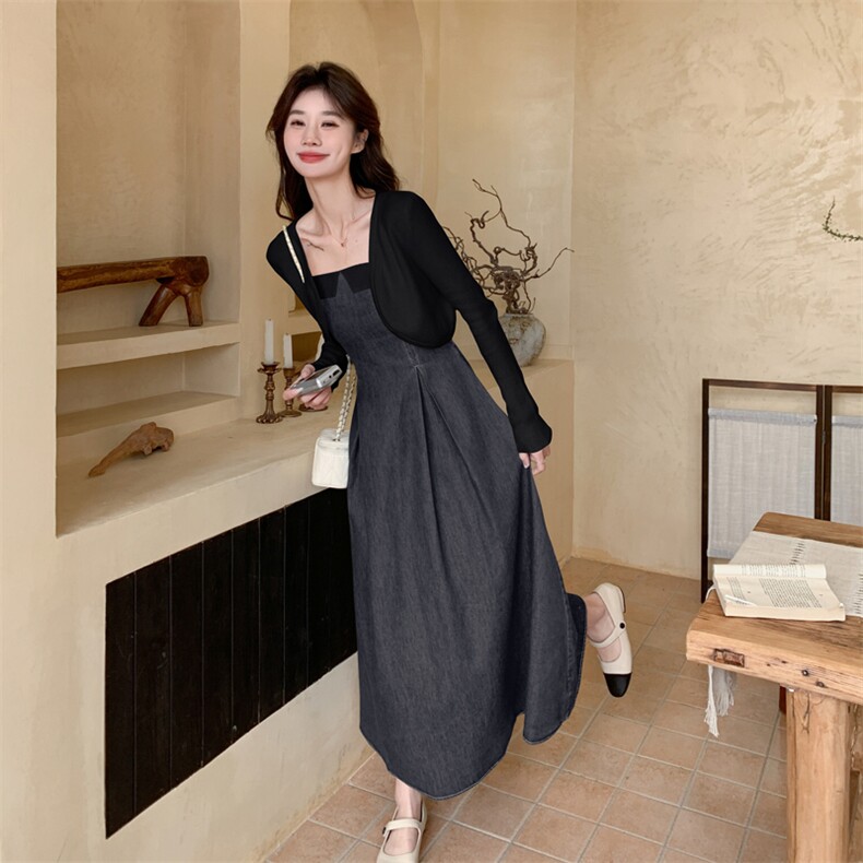 法式显瘦开衫吊带裙女2025春秋新款韩版收腰牛仔连衣裙,女装连衣裙,多米2-075