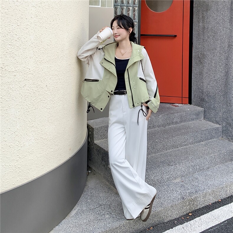2C030-9068-P145-K198小清新的港风牛油果绿拼色大帽檐外套,女装短外套,2C030