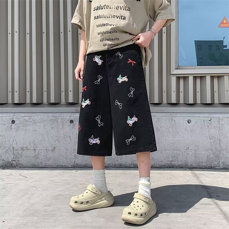 复古七分牛仔短裤男女新款小狗刺绣裤子宽松显瘦百搭休闲阔腿裤,男装牛仔裤,星座410-6（原星座1304-1）