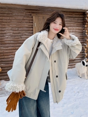 韩系羊羔毛拼接派克服女2025冬季新款设计感加绒加厚保暖工装棉服，女装派克服，2C056