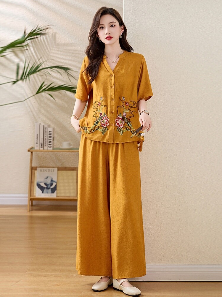 天丝麻短袖休闲套装女夏季2025新款重工刺绣衬衫显瘦阔腿裤两件套,女装套装/套裙,涵墨