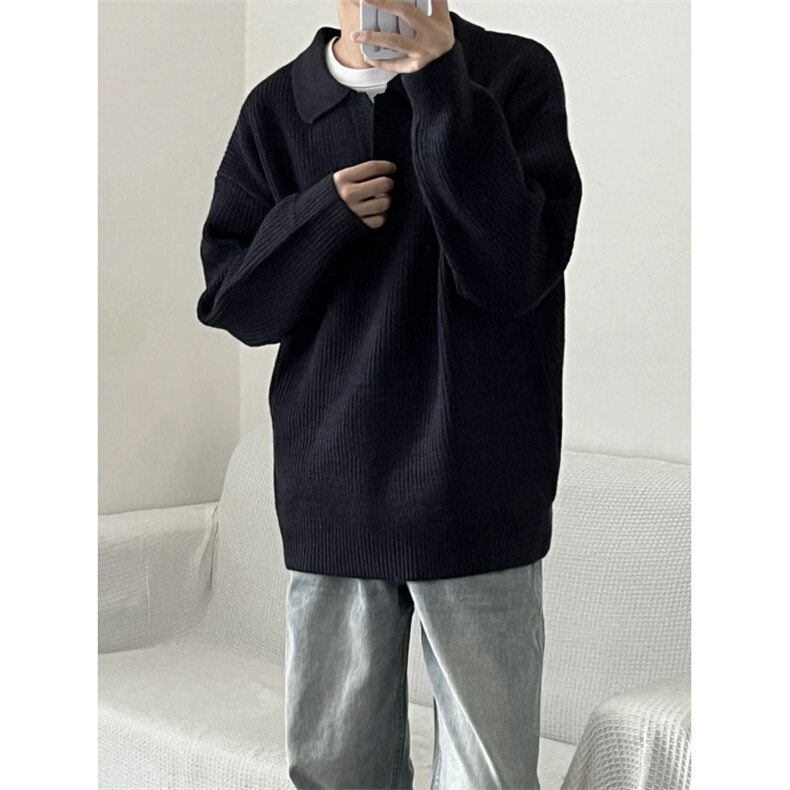 濮院针织V领毛衣慵懒套头翻领polo毛衣高级简约针织衫秋LF02P65，男装针织衫/毛衣，电商D256A(原A064A)