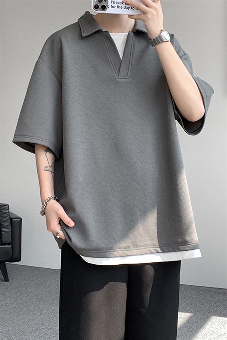 8XL-M假两件V领短袖t恤男夏翻领半袖宽松重磅华夫格大码DT001P40,男装T恤,电商B312