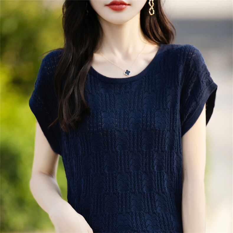 夏季薄款100%纯棉针织短袖女圆领镂空钩花上衣宽松半袖T恤打底衫，女装针织衫/毛衣，斯美雅电商供货