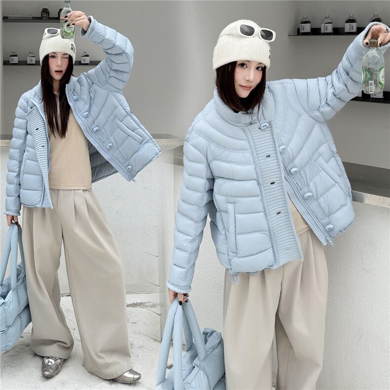 2025冬装新款时尚针织拼接门襟羽绒服,女装羽绒服,曼琳思菲