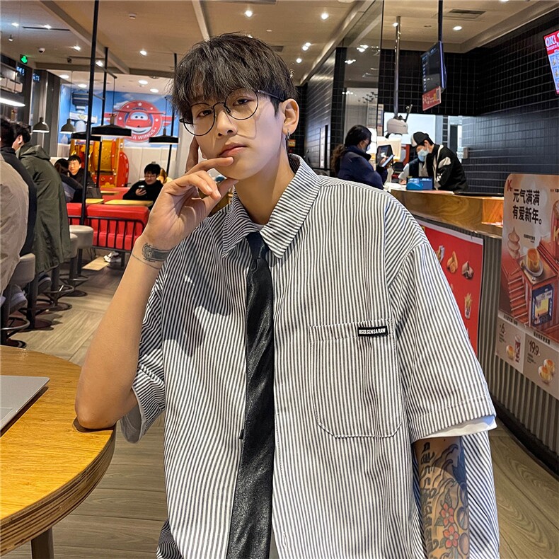 港风夏装2025新款短袖衬衫青少年男装半袖情侣衬衣HK14-P43领带3,男装T恤,电商A233-1