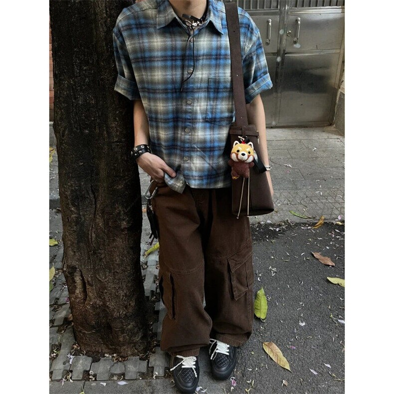 CS02LL-特P35cleanfit蓝色格子衬衫男设计感短袖衬衣,男装T恤,星座1007（原301D）