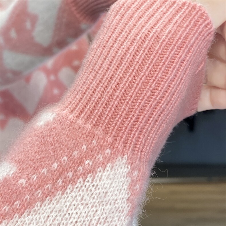25秋冬V领爱心拼色图案100%纯羊毛衫女韩版长袖羊绒衫针织打底衫,女装羊毛衫,邓利维