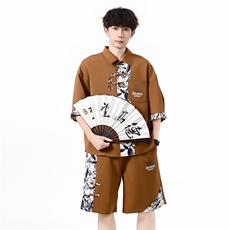 新中式竹纹拼接短袖衬衫夏季风潮牌半袖衬衣外套A436-T18-P65，男装衬衫，电商A436