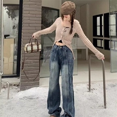 复古美式牛仔裤男女春季新款胖mm高腰宽松显瘦阔腿长裤梨形身材裤，男装牛仔裤，星座506A