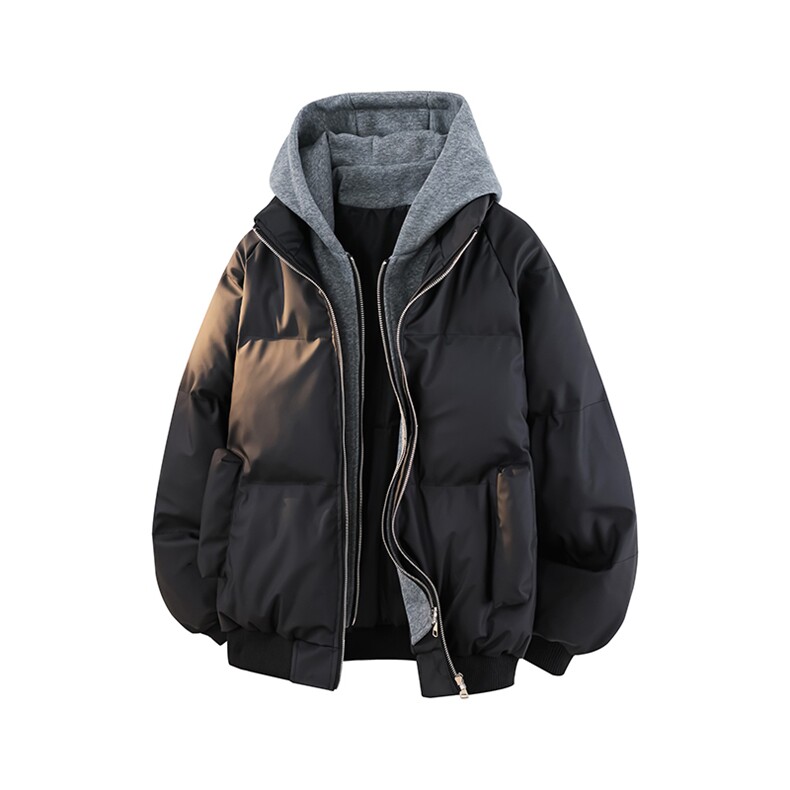 特批85厚款假两件冬季连帽PU皮加厚棉服宽松保暖百搭MY3560,男装棉衣,电商A128