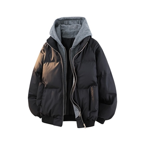 特批85 厚款假两件冬季连帽PU皮加厚棉服宽松保暖百搭MY3560图片