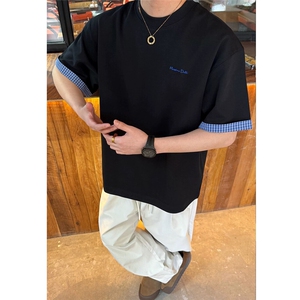（网图）260克曼巴棉美式格子拼色T恤夏季短袖男士宽松潮流P33图片