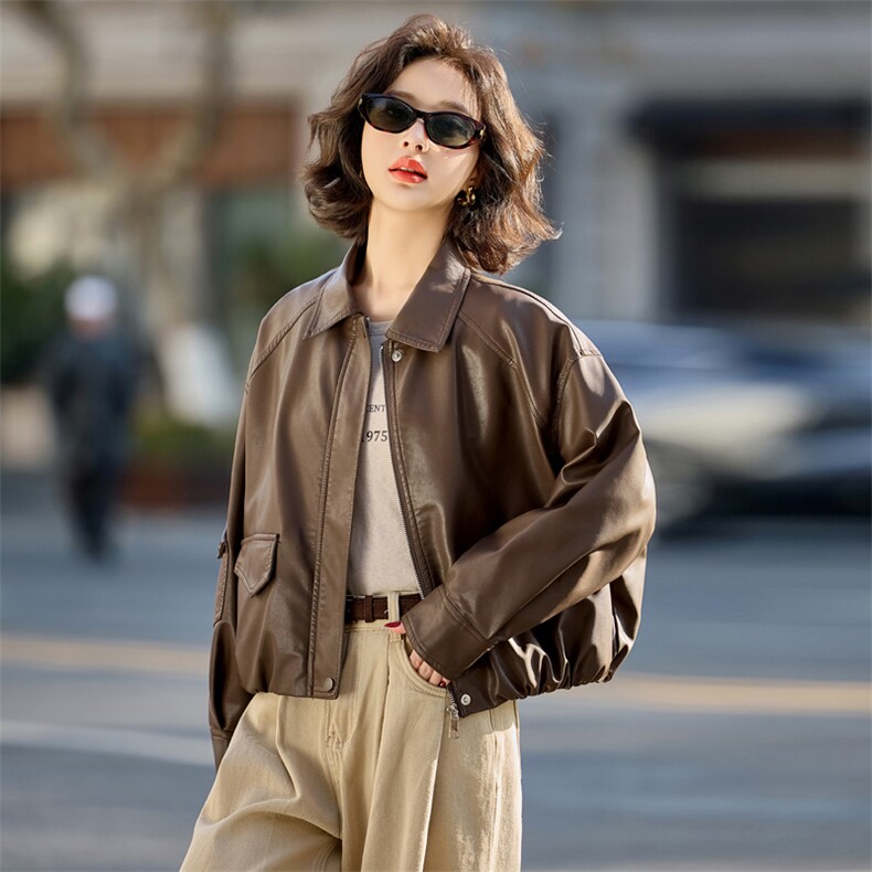 现货皮衣2025年春季新款时髦翻领宽松短款外套,女装皮衣,英标秀（1C119）