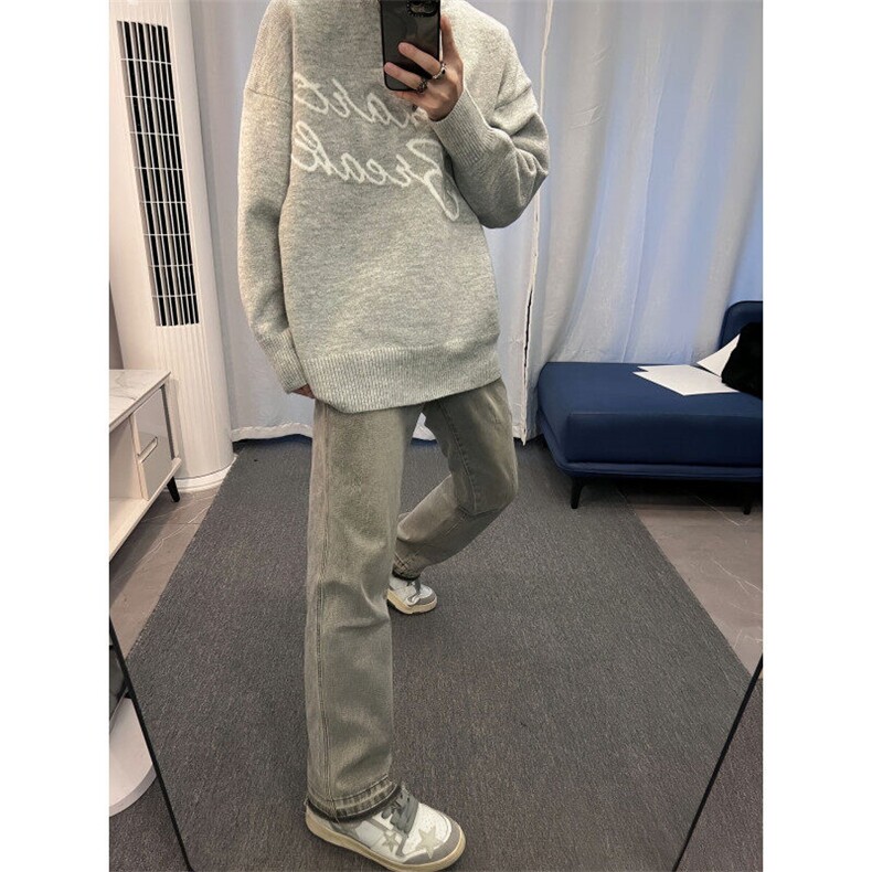 美式hiphop烟灰色毛边修身直筒显瘦牛仔裤痞帅高街,男装牛仔裤,星座310A-4