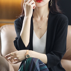 22春夏薄款冰丝针织开衫女宽松七分袖休闲无扣大码黑色针织小外套，女装针织衫/毛衣，总能电商供货