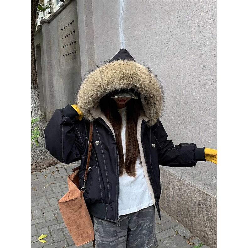 现货重磅boxy短款棉衣座山雕大毛毛领男女棉服水洗工装厚外套图片