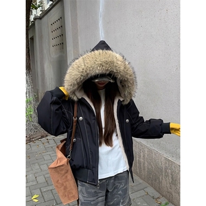 现货重磅boxy短款棉衣座山雕大毛毛领男女棉服水洗工装厚外套图片