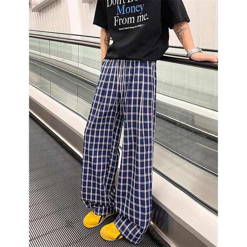 美式高街潮牌男女泡泡格子休闲裤直筒宽松慵懒显瘦阔腿休闲长裤子,男装休闲裤,电商A486