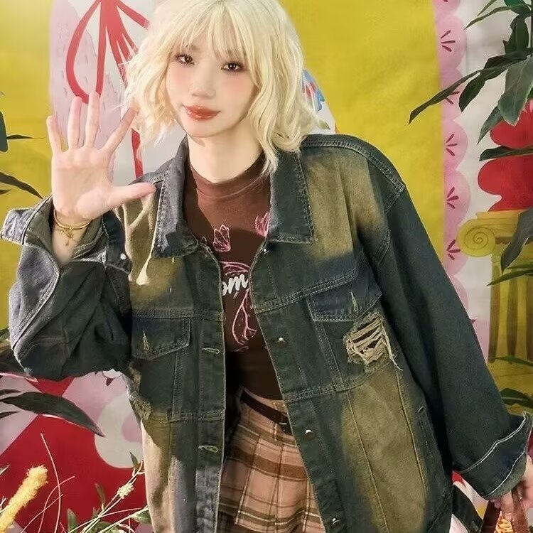 G8839-P65美式复古做旧破洞牛仔外套女春秋新款大码宽松中长款,男装工装外套,电商B323A