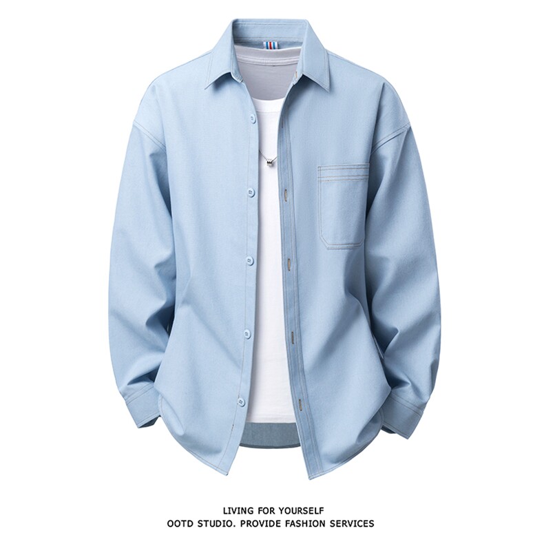 得物白底牛仔衬衫双线撞色成衣水洗匠心工艺内里全埋夹，男装衬衫，星座301C-5